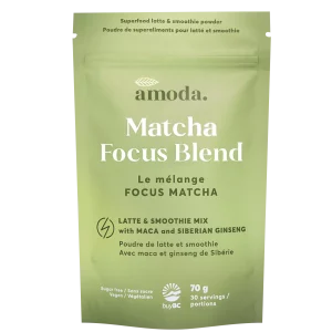 Organic pouch of Amoda Matcha Focus Blend with adaptogens for mental clarity and calm energy – 70g, 30 servings.