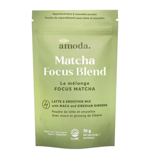 amoda-matcha-focus-blend-organic-latte-pouch.webp Organic pouch of Amoda Matcha Focus Blend with adaptogens for mental clarity and calm energy – 70g, 30 servings.