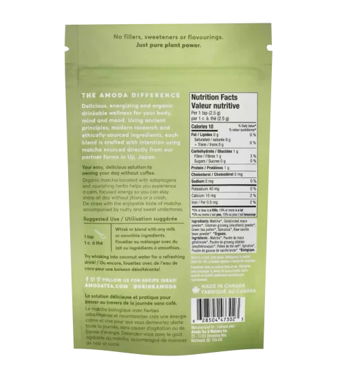amoda-matcha-focus-blend-nutrition-label-back.webp Reverse side of Amoda Matcha Focus Blend pouch showing nutrition facts and product description in English.