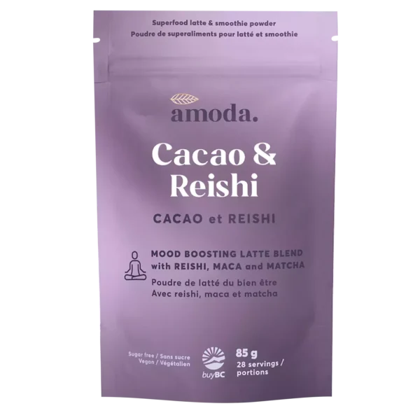 amoda-cacao-reishi-latte-blend A warm cacao latte made with Amoda Cacao & Reishi blend, surrounded by adaptogenic ingredients