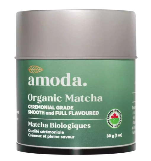 Ceremonial-grade organic matcha from Amoda, stone-ground in Japan for a smooth, vibrant cup