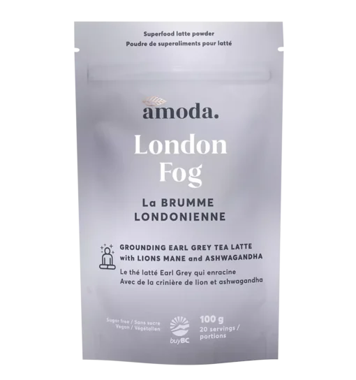 Amoda London Fog Tea latte, creamy with frothy top, featuring Lion's Mane and Ashwagandha for stress relief and focus.
