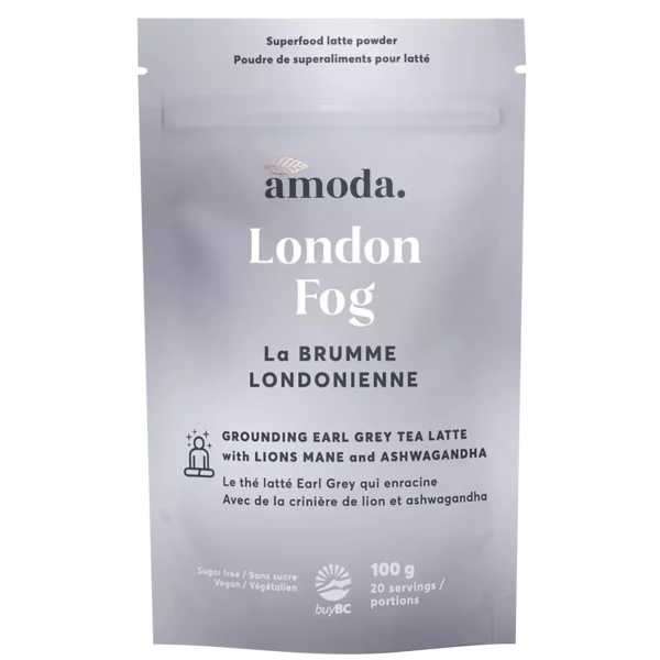 amoda-london-fog-adaptogen Amoda London Fog Tea latte, creamy with frothy top, featuring Lion's Mane and Ashwagandha for stress relief and focus.