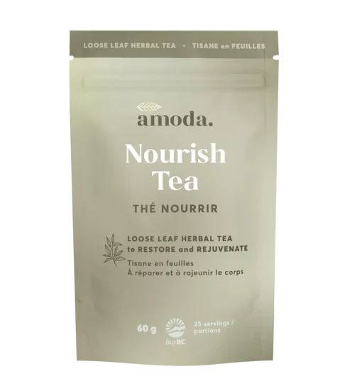 Amoda Nourish Tea – 60 g organic herbal wellness blend with red clover, chamomile, ginger, nettle, goji berries, and licorice for daily balance and vitality.