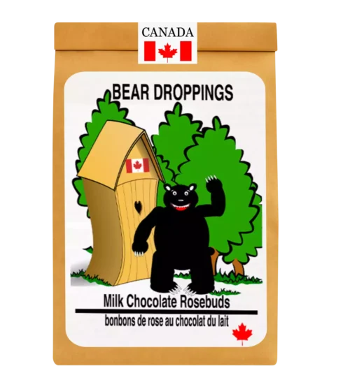 Resealable kraft pouch of Black Bear Droppings with 120 g of Canadian milk chocolate rosebuds and flag sticker.