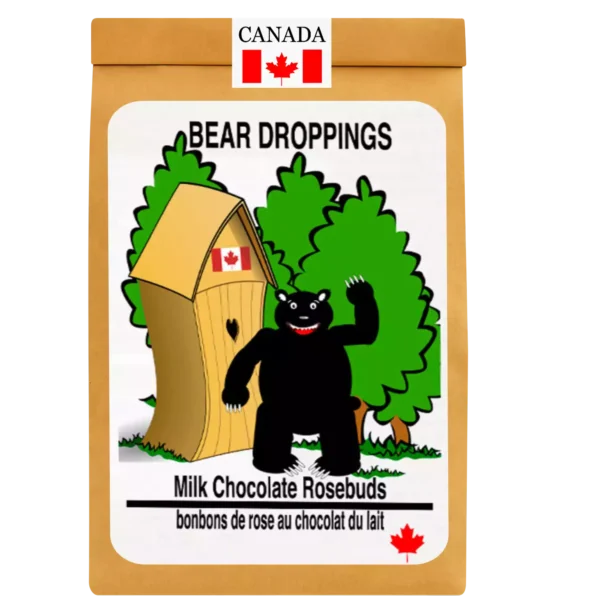 Resealable kraft pouch of Black Bear Droppings with 120 g of Canadian milk chocolate rosebuds and flag sticker.