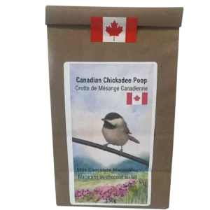 Resealable kraft pouch of Canadian Chickadee Poop milk chocolate macarons, inspired by Canada’s iconic songbird.