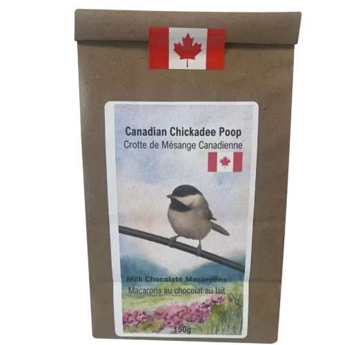 Resealable kraft pouch of Canadian Chickadee Poop milk chocolate macarons, inspired by Canada’s iconic songbird.