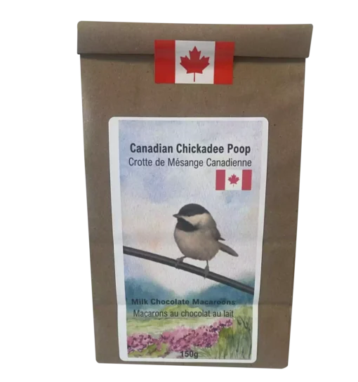 Resealable kraft pouch of Canadian Chickadee Poop milk chocolate macarons, inspired by Canada’s iconic songbird.