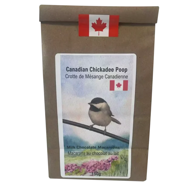 Resealable kraft pouch of Canadian Chickadee Poop milk chocolate macarons, inspired by Canada’s iconic songbird.