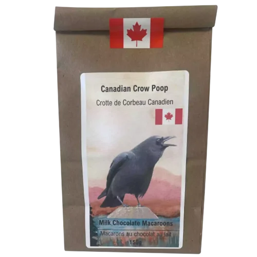 Resealable kraft paper bag of Canadian Crow Poop milk chocolate macarons, proudly made in Canada and inspired by the iconic Canadian Crow.