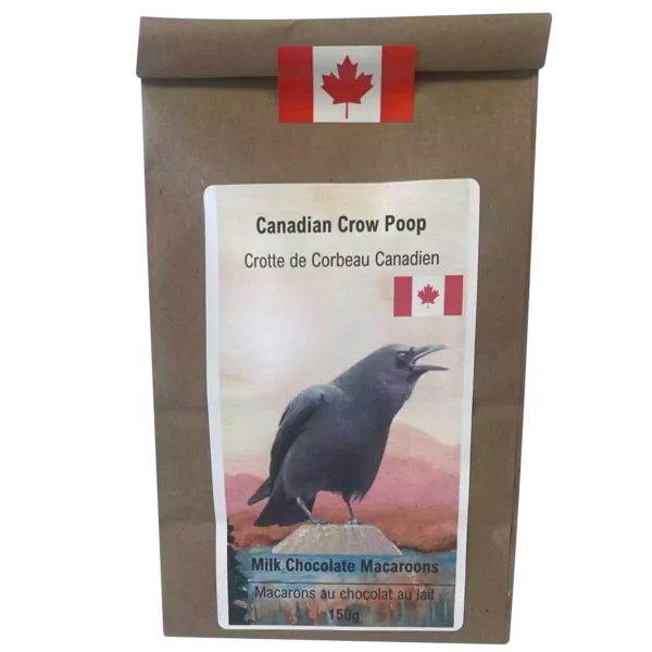 Resealable kraft paper bag of Canadian Crow Poop milk chocolate macarons, proudly made in Canada and inspired by the iconic Canadian Crow.