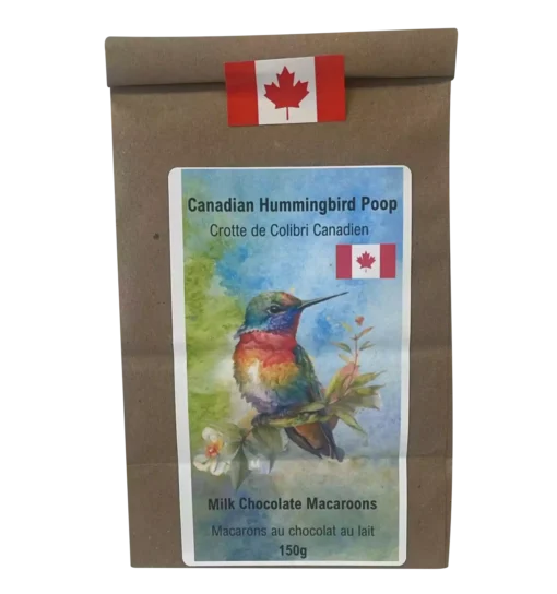 Resealable kraft pouch of Canadian Hummingbird Poop milk chocolate macarons, inspired by Canada’s vibrant hummingbird.