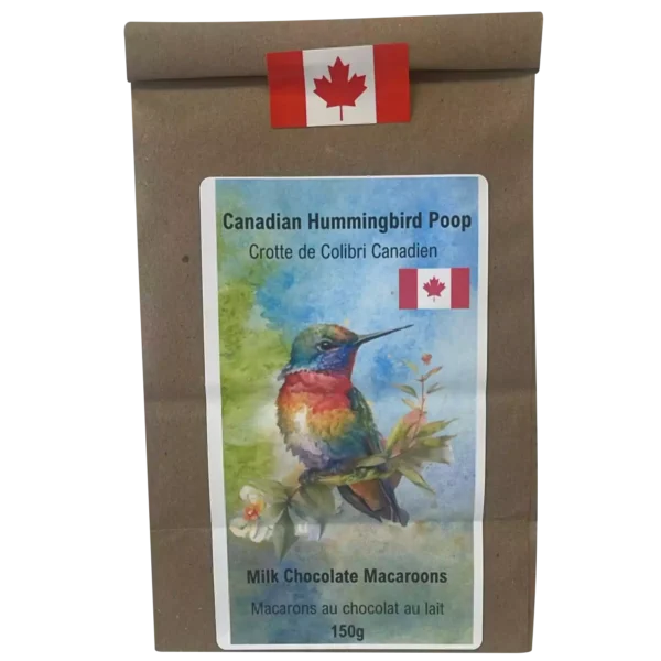 Resealable kraft pouch of Canadian Hummingbird Poop milk chocolate macarons, inspired by Canada’s vibrant hummingbird.