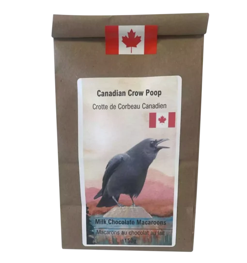 Resealable kraft pouch of Canadian Hummingbird Poop milk chocolate macarons, inspired by Canada’s vibrant hummingbird.