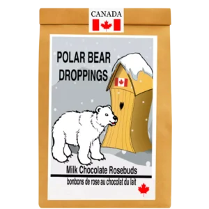 Resealable kraft pouch of Polar Pear Pooping with 120 g of Canadian milk chocolate rosebuds and a playful label.