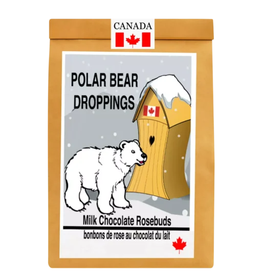 polar-pear-pooping-kraft-pouch-canadian-chocolate Resealable kraft pouch of Polar Pear Pooping with 120 g of Canadian milk chocolate rosebuds and a playful label.