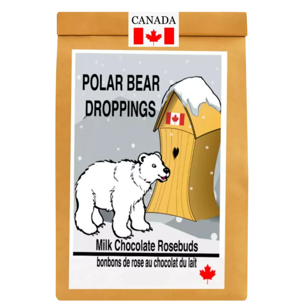 Resealable kraft pouch of Polar Pear Pooping with 120 g of Canadian milk chocolate rosebuds and a playful label.