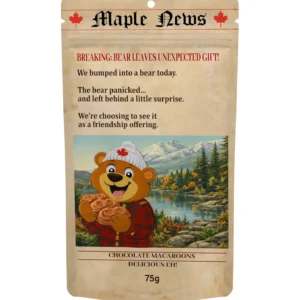 Bear Poop Canadian chocolate macarons in resealable pouch, inspired by Bear Lake Surprise with playful humour and lakeside adventure.