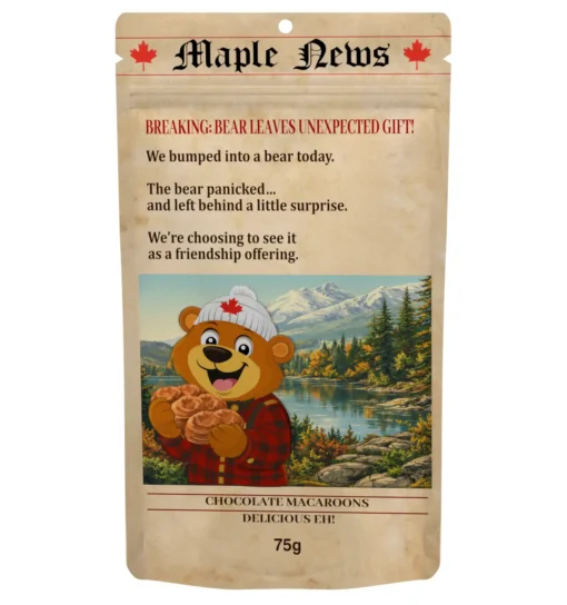 bear_lake_surprise_chocolate_macarons Bear Poop Canadian chocolate macarons in resealable pouch, inspired by Bear Lake Surprise with playful humour and lakeside adventure.