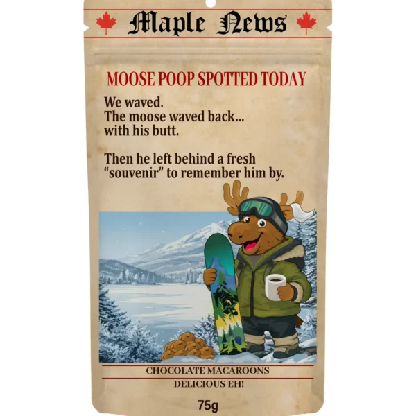 moose_lake_memory_chocolate_macarons Moose Poop Canadian chocolate macarons in resealable pouch, inspired by Moose Lake Memory with playful humour and lakeside adventure.