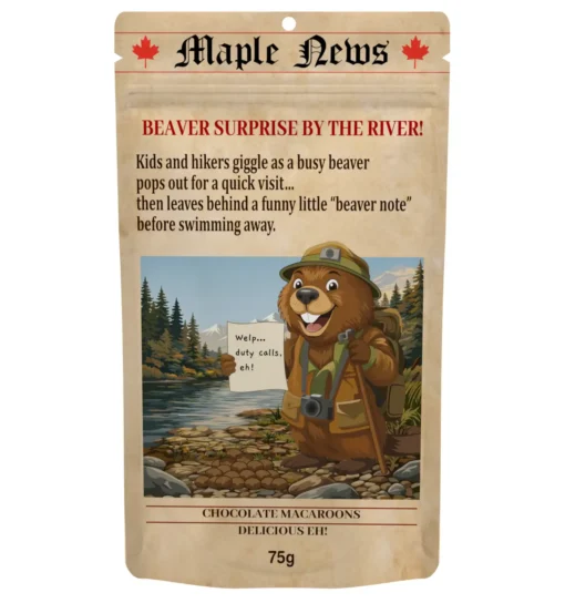 river_beaver_treat_chocolate_macarons Beaver Poop Canadian chocolate macarons in resealable pouch, inspired by River Beaver Treat story with playful wildlife humour.