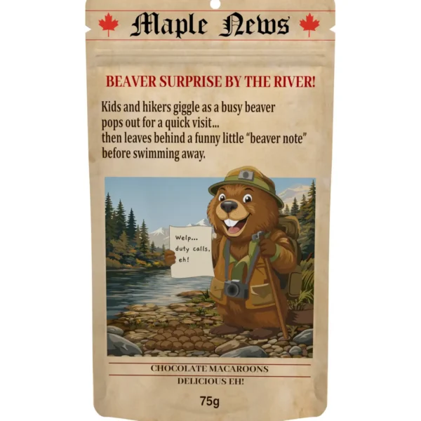 river_beaver_treat_chocolate_macarons Beaver Poop Canadian chocolate macarons in resealable pouch, inspired by River Beaver Treat story with playful wildlife humour.