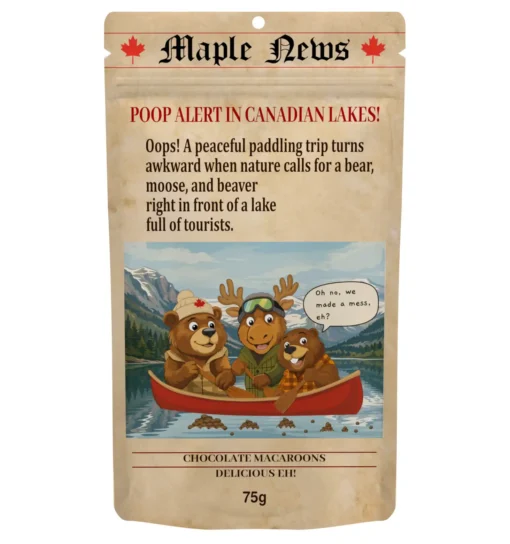 wildlife_poop_adventure_chocolate_macarons Bear Moose Beaver Poop Canadian chocolate macarons in resealable pouch, inspired by Wildlife Poop Adventure with playful humour and lakeside charm.