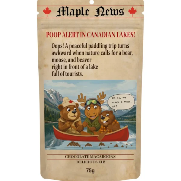 wildlife_poop_adventure_chocolate_macarons Bear Moose Beaver Poop Canadian chocolate macarons in resealable pouch, inspired by Wildlife Poop Adventure with playful humour and lakeside charm.